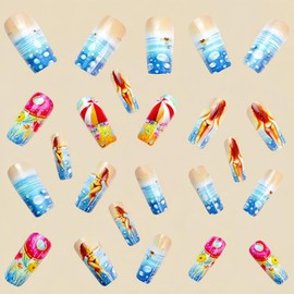 Beach Press on Nails Medium Square False Nails with Bikini Beauty Design Sea Wave Stick on Nails Beach Umbrella Swim Ring Fake Nails Glossy Cute Summer Glue on Nails for Women Girls Manicure 24Pcs