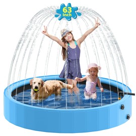 Raxurt Dog Pool with Sprinkler, 63'' Foldable Dog Pools for Large Dogs, 2-in-1 PVC Non Slip Pet Bathing Tub for Outdoor Backyard, Blue