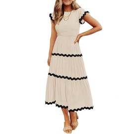 ZESICA Women's Summer Flutter Short Sleeve Smocked Midi Dress Casual High Waist Rickrack Tiered Flowy Dresses,Apricot,Medium