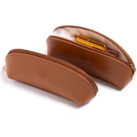 2 Pcs PU Leather Makeup Brush Holder & Travel Cosmetic Bag, Waterproof Organizer Case Pouch Holder for Women, Ideal for Pencils, Stationery, Toiletries & Essentials, Mini Zipper Pouch for Purse (TAN2)