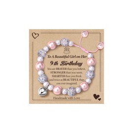 CASSIECA Pink Pearl & CZ Ball Bracelets for 9 Year Old Girls, Adjustable with Heart Charms (Gift Box Given)