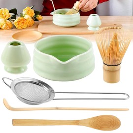 Roczential 5-Pack Matcha Set with Matcha Whisk Stand, Bamboo Matcha Whisk, Bowl with spout, Bamboo Matcha Spoon and Stainless Steel Sieve, Matcha Tea Set (Green)