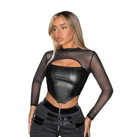 MakeMeChic Women's Faux Leather Crop Tops Y2K Cut Out Mesh Sheer Long Sleeve Mock Neck Tee Shirts Black M