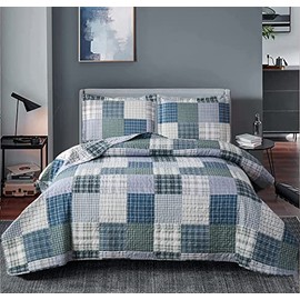 Plaid Quilt Set Full/Queen Size Patchwork Quilts Bedding Plaid Reversible Bedspread Coverlet Soft Lightweight Bed Cover Set All-Season, 1 Quilt with 2 Pillow Shams