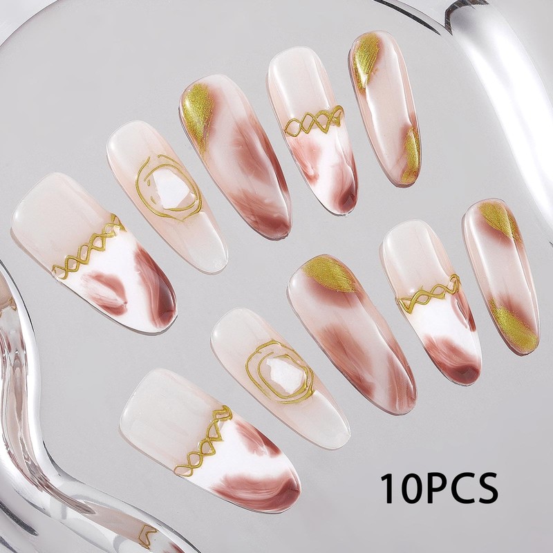 Sethexy Long Stiletto Round False Nails Brown Acrylic Handmade Press