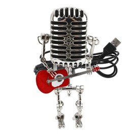 Srliya Vintage Microphone Guitar Robot Table Lamp Aluminum Retro Metal Robot Night Light for Bedroom Desk Home Decor (Red)