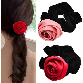 Rose Hair Ties for Women Satin Scrunchies for Thick Hair Accessories Elastic Ponytail Rose Flower Hair Rope (Pink+Red, One size)