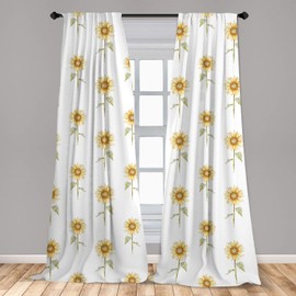 Lunarable Sunflower Curtains, Hand Drawn Floral Pattern Watercolor Effect Nature Illustration, Window Treatments 2 Panel Set for Living Room Bedroom Decor, 56" x 63", Green Ginger