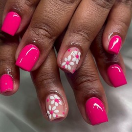 Peach Pink Press on Nails Short Square Fake Nails with Flower Design Spring Glue on Nail Full Cover Floral Nails Glossy Reusable Summer False Nail for Women Girls Manicure 24pcs