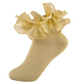 MKYSZLT Girls Glitter Ruffle Ankle Socks Cute Kids Double Lace Sparkling Flufffy Frilly Dress Socks for Toddler Little Girl (US, Age, 8 Years, 10 Years, gold - 1 pair)