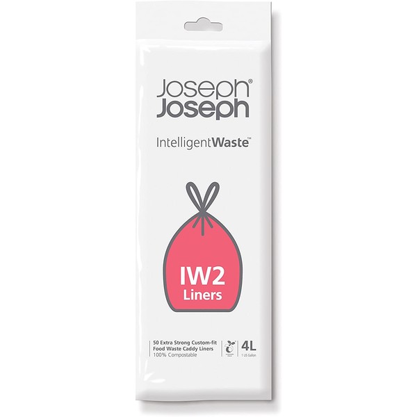 Joseph Joseph Intelligent IW2 Bin Liners Custom Fit Bags for Food Waste Caddy 1 Gallon / 4 Liter 100% Compostable, Pack of 50, Clear