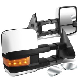 Auto Dynasty Compatible with Silverado/Sierra Chrome Powered Heated Glass Amber LED Signal Towing + Adjustable Corner Blind Spot Mirror