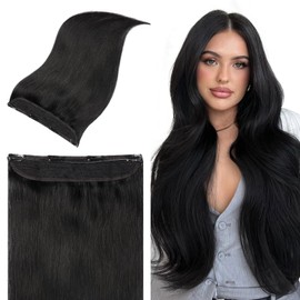 Youngsmile Wire Hair Extensions Invisible Line Wire for Real Human Hair Fish Line 16Inch Jet Balck Hair Extensions 70g Straight Hidden Thick Hair Exteniosn for Women(wire#1-16inch)