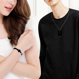 Tobestu His and Hers Matching Set Couple Titanium Heart Lock Bangle Bracelet and Shield Key Pendant Necklace Korean Style (2.4inch-Black)