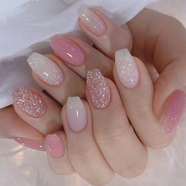 24Pcs Pink Glitter Press on Nails Medium Coffin Fake Nails Bling Acrylic Stick on Nails Pink Gradient Design Full Cover French False Nails Artificial Glue on Nails for Women Girls Glossy Manicure Tips