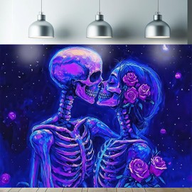 Starlit Patio Blacklight Skull Tapestry UV Reactive Glow In The Dark Tapestry Skeletons Kissing with Roses Tapestries 78x59 Inch Posters Wall Hanging for Bedroom Living Room Dorm