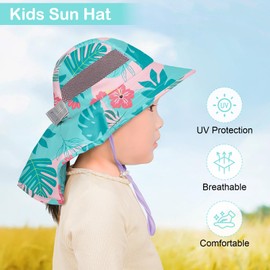 Kids Sun Hat UV Protection Unicorn Summer Beach Play Hats Wide Brim Neck Flap for Girls Boys, Green Pink Flowers, 2-9 Years