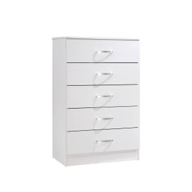 HODEDAH 5 Drawer Wood Dresser for Bedroom, Chest of Drawers with Metal Rails for Support when Storing Clothing, White