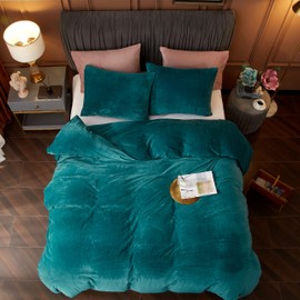Ivellow Velvet Flannel Duvet Cover King Size Peacock Blue Duvet Cover King Velvet Comforter Cover Set Ultra Soft Breathable Cozy Velour Duvet Cover Solid Luxury Bedding Set Zipper Closure Corner Ties