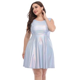HDE Shiny Metallic Alien Costume Dress Futuristic Sleeveless Space Skater Dress Holographic - 4X