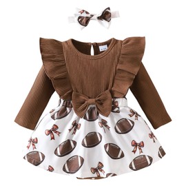Baby Girl Clothes Newborn Romper Dress Football Ruffle Long Sleeve Bodysuit Infant Fall Winter Outfit With Headband 12-18Months