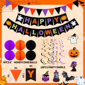 Halloween Party Decorations, 70PCs Halloween Decorations Indoor Set Including HAPPY HALLOWEEN Banner Bat Stickers Hanging Garland Swirl Streamers Purple Orange Black Balloons for Classroom Home Decor