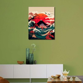 Japan Mountain Adults' Paint-by-Number Kits Sea Waves Paint by Numbers Japanese Retro Beginner with Painting Brush and Acrylic Pigment Painting for Home Room Decor Gift 16x20 Inch (Frameless)