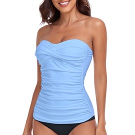 RELLECIGA Women's Sea Blue Ruched Bandeau Tankini Top Swimsuits Size Medium