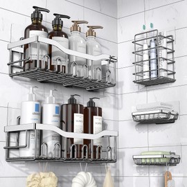 EUDELE 5-Pack Rustproof Stainless Steel Shower Caddy – No Drill Adhesive Bathroom Organizer with Large Capacity, Spacious Shower Shelves for Inside Shower, Kitchen & Home Decor Storage-XL Size