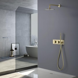 TRUSTMI 12 Inch Rainfall Shower System, 2 Handle Wall Mount Shower Trim Kit Set with Brass Rough-In Valve, Brushed Gold