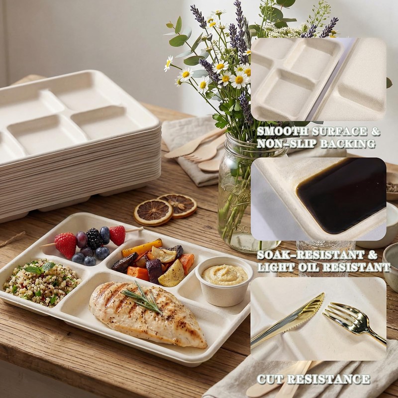 SUT SUT100% Compostable 5 Compartment Plates, 100 Pack Disposable Paper
