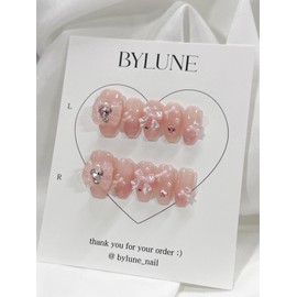 Pink Magnet Gra Handmade Nail Tips Ribbon Nail Tips - Medium Coffin / 핑크 자석그라 수제네일팁 리본 네일팁 - 미디엄코핀