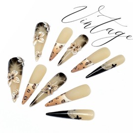 Extra Long Press on Nails Stiletto Leopard French Tip Fake Nails with Designs Handmade 3D Flower Acrylic False Nail (Leopard French, M)