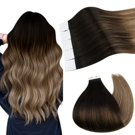 Ugeat 40 cm Tape-In Real Hair Extensions, Real Hair, Balayage Volume, Darkest Brown to Medium Brown and Light Gold Brown, 2/6/12 Tape Extensions, Real Hair, Tape-in 20 Pieces, 50 g