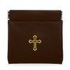 Squeeze Top Rosary Pouch Brown Vinyl with Gold Cross Imprint