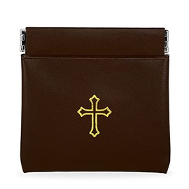 Squeeze Top Rosary Pouch Brown Vinyl with Gold Cross Imprint