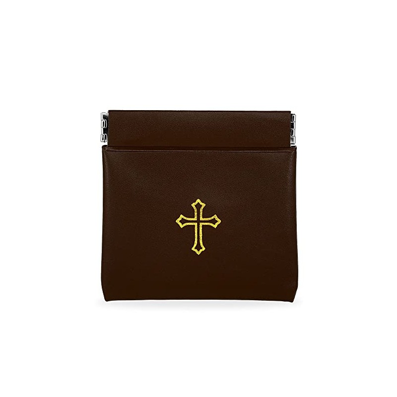 Squeeze Top Rosary Pouch Brown Vinyl with Gold Cross Imprint