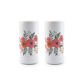 Cambridge E9198PCBWFDS Floral Insulated Slim Can Coolers, White, Set of 2