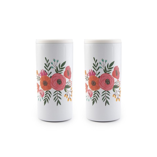 Cambridge E9198PCBWFDS Floral Insulated Slim Can Coolers, White, Set of