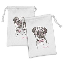 Lunarable Bow Fabric Pouch Set of 2, Hug a Pug Puppy Phrase Portrait of Innocent Dog Wearing Pink Glasses, Small Drawstring Bag for Toiletries Masks and Favors, 9" x 6", Dark Brown Pale Pink