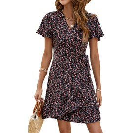 Naggoo Women's Summer Wrap V Neck Polka Dot Print Ruffle Short Sleeve Mini Floral Dress