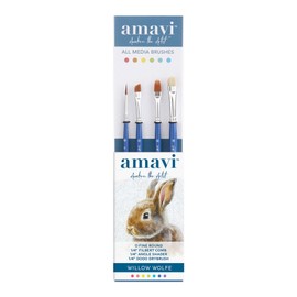 Willow Wolfe Artist Brush Amavi™ - 4-Piece Brush Set Golden Taklon Brush Set - Mixed Media Round Set 1900SET4-0 Fine Round 1/4 Angle Shader, 1/4 Filbert Comb, 1/4 Dodo Drybrush, Blue