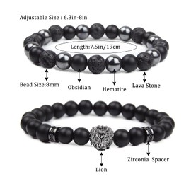 8mm Black Obsidian Onyx Hematite Lava Volcanic Stone Bracelet Lion Bracelet for Men Black Bead Bracelet Crystal Beaded Bracelets Spiritual Protection Bracelet for Men