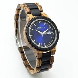 MIEASVE Men's Wood Watches Quartz Wooden Watch Japanese Movement Calendar Display Diameter 42 MM (Blue Dial)