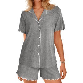 Ekouaer Button Up Pajamas Set for Women Short Sleeve Ribbed Knit Sleepwear 2 Piece Pjs Shorts Set Grey M