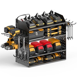 CCCEI Modular Desk Power Tools Organizer with Charging Station, 4 Layer Drills Battery Storage Wall Mount, Garage Shop Organization, Anniversary, Birthday, Gifts for Men, Father, Black, 6FT Cord.