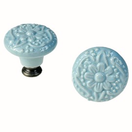 Mimhooy 6Pcs Ceramic Drawer Knobs Vintage Cabinet Pulls, Retro Dresser Knobs, Decorative Flower Knobs for Cupboards & Draws Sky Blue, Furniture Pull Handles