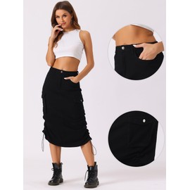 Allegra K Cargo Skirt for Women's Y2K Adjustable Casual A-Line Midi Long Denim Skirt Large Black