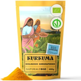Turmeric Powder Organic 400g - Curcumin 3%-5%. Natural and pure, made in India from organic turmeric roots. Ideal for drinks, savoury and sweet recipes. NaturaleBio