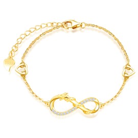 INFINIONLY Women's Bracelets, 925 Sterling Silver Bracelet, Infinity Symbol Bracelets with Happy Dragon, Decorated with Diamonds, Heart or Stars, Gold, Inlaid Zircon, Animal Bracelet, Sterling Silver,